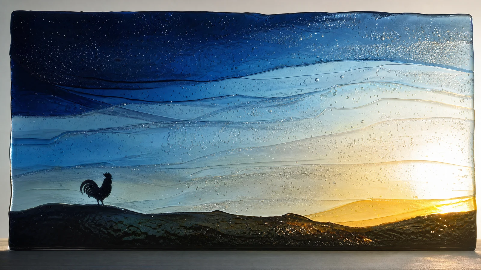 Layers of sky shifting from darkness into blue, with a silhouette perched atop a wall
