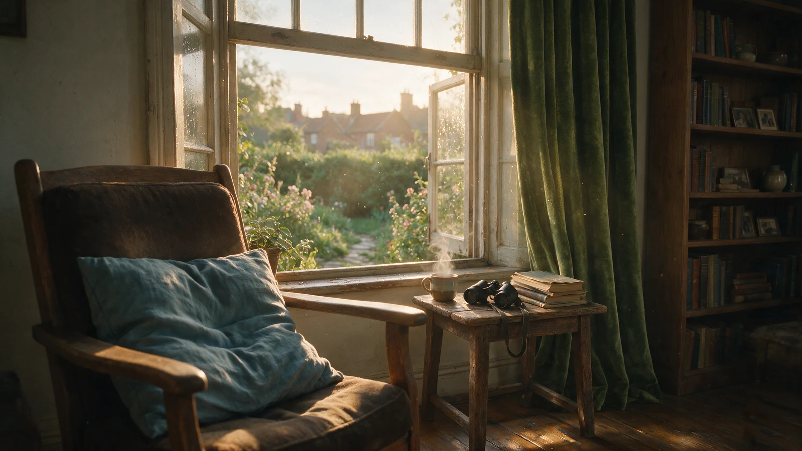 An empty room and a disheveled bed, dawn light seeping through the window