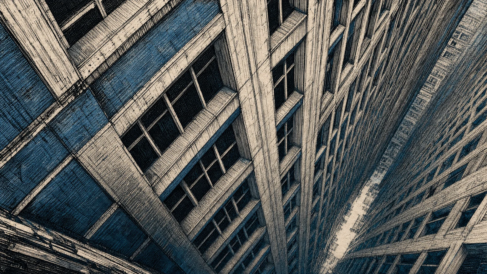 Rows of windows receding downward into a blur, the ground dissolving below