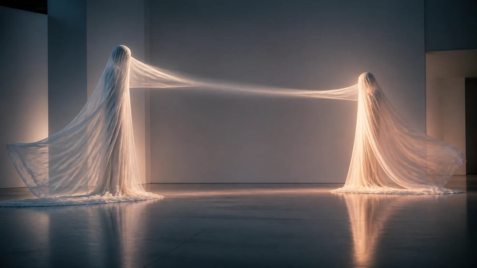 Two blurred figures seated across from each other in a dim room, an empty space between them