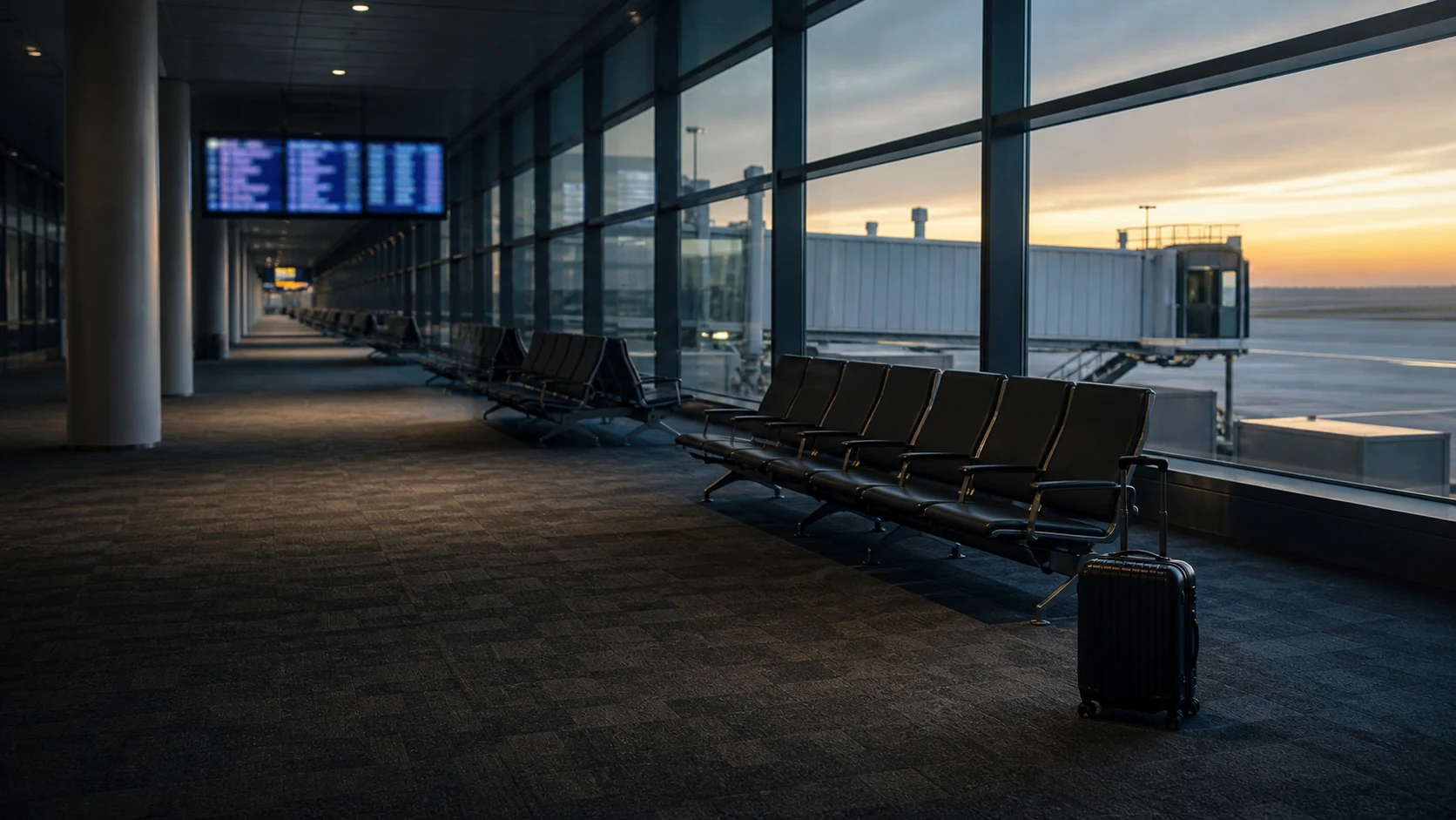 An emptied airport gate with the departure board still lit