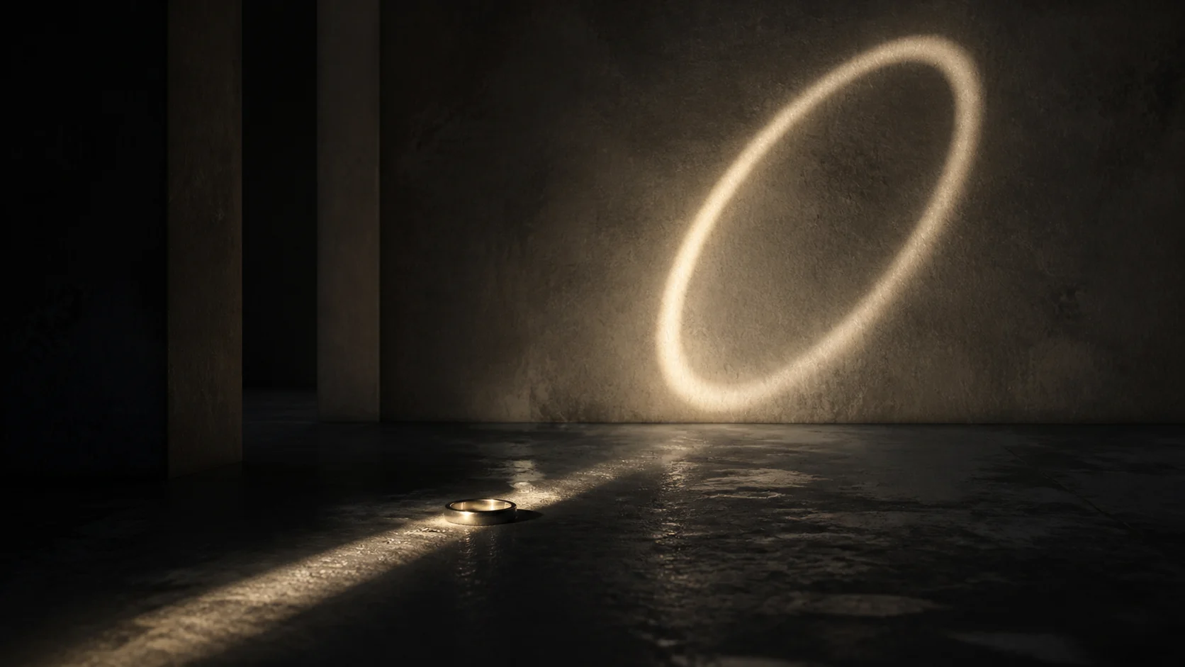 A small ring resting on a dark floor, with light passing through its center