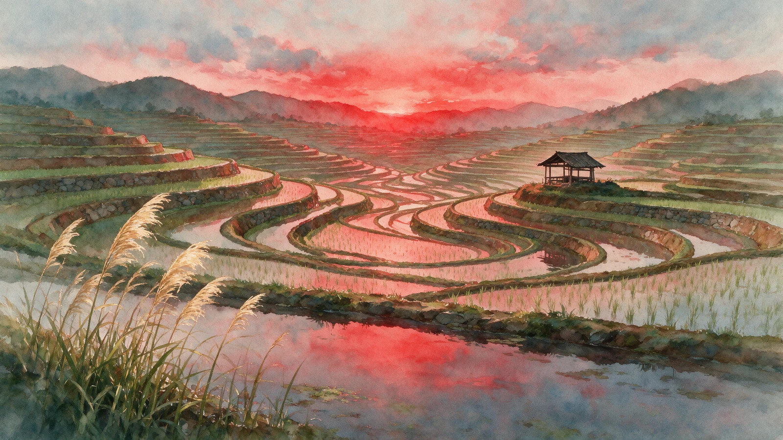지평선 끝에서부터 붉게 물들어 번져 오르는 하늘