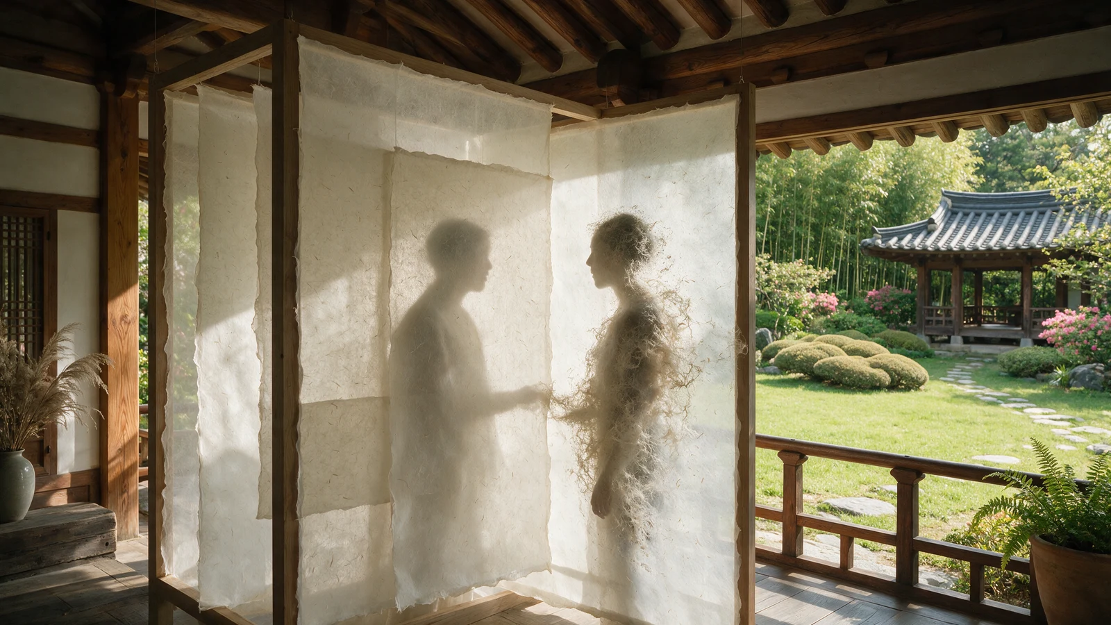 Two figures facing each other, one dissolving out of shape